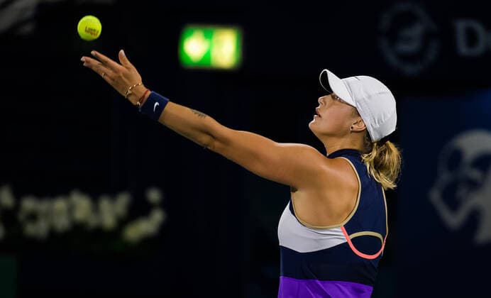 March 11, 2021, DUBAI, UNITED ARAB EMIRATES: Aryna Sabalenka of Belarus in action during the quarter-final at the 2021 Dubai Duty Free Tennis Championships WTA, Tennis Damen 1000 tournament against Garbine Muguruza of Spain DUBAI UNITED ARAB EMIRATES - ZUMAa181 20210311_zaa_a181_059 Copyright: xRobxPrangex