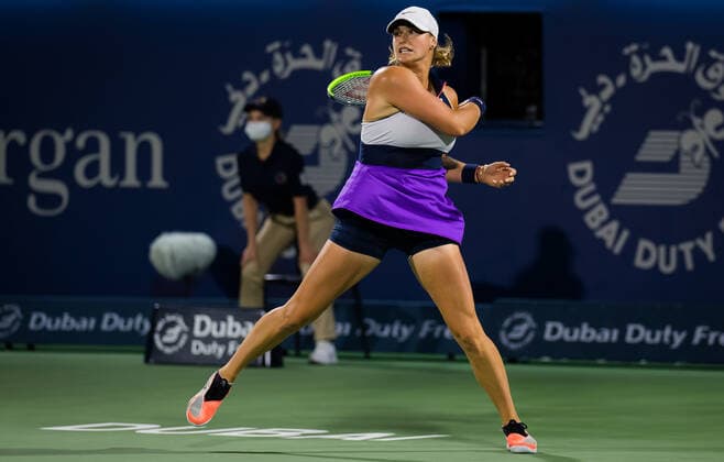 March 11, 2021, DUBAI, UNITED ARAB EMIRATES: Aryna Sabalenka of Belarus in action during the quarter-final at the 2021 Dubai Duty Free Tennis Championships WTA, Tennis Damen 1000 tournament against Garbine Muguruza of Spain DUBAI UNITED ARAB EMIRATES - ZUMAa181 20210311_zaa_a181_060 Copyright: xRobxPrangex
