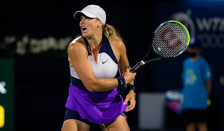 March 11, 2021, DUBAI, UNITED ARAB EMIRATES: Aryna Sabalenka of Belarus in action during the quarter-final at the 2021 Dubai Duty Free Tennis Championships WTA, Tennis Damen 1000 tournament against Garbine Muguruza of Spain DUBAI UNITED ARAB EMIRATES - ZUMAa181 20210311_zaa_a181_075 Copyright: xRobxPrangex
