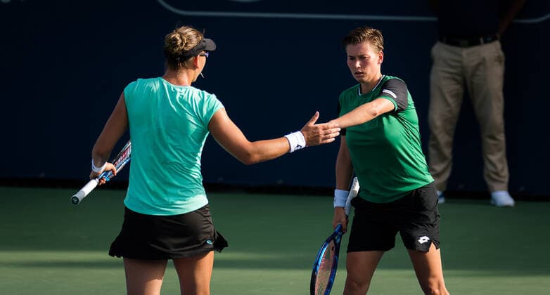 March 11, 2021, DUBAI, UNITED ARAB EMIRATES: Demi Schuurs of the Netherlands & Nicole Melichar of the United States playing doubles at the 2021 Dubai Duty Free Tennis Championships WTA, Tennis Damen 1000 tournament DUBAI UNITED ARAB EMIRATES - ZUMAa181 20210311_zaa_a181_084 Copyright: xRobxPrangex