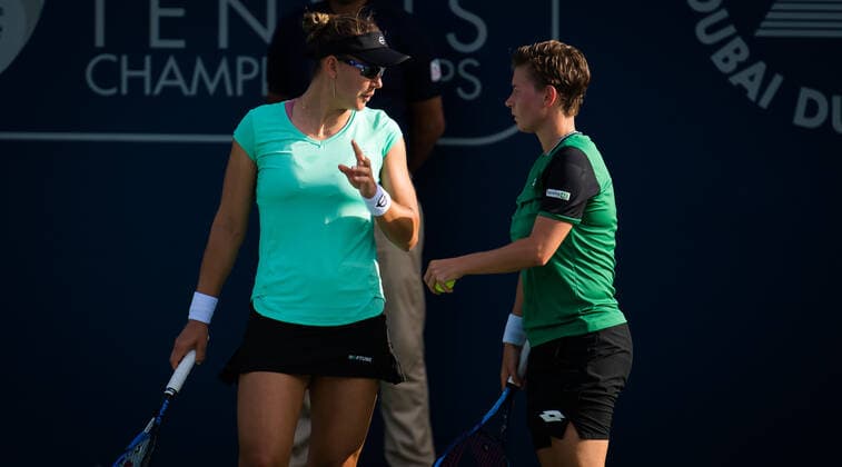 March 11, 2021, DUBAI, UNITED ARAB EMIRATES: Demi Schuurs of the Netherlands & Nicole Melichar of the United States playing doubles at the 2021 Dubai Duty Free Tennis Championships WTA, Tennis Damen 1000 tournament DUBAI UNITED ARAB EMIRATES - ZUMAa181 20210311_zaa_a181_085 Copyright: xRobxPrangex