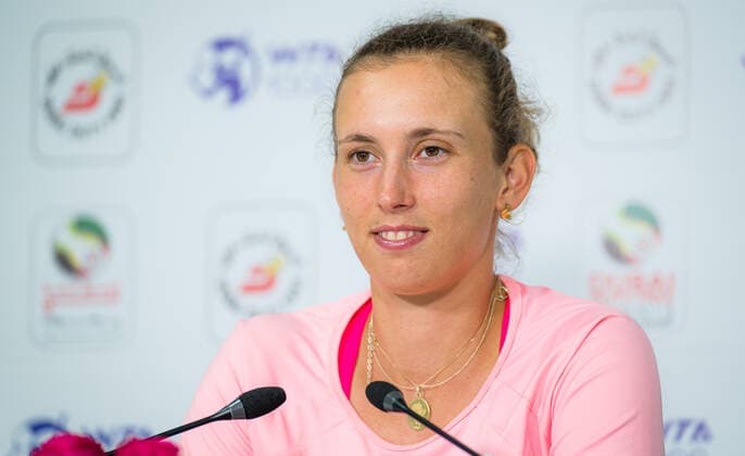 March 11, 2021, DUBAI, UNITED ARAB EMIRATES: Elise Mertens of Belgium talks to the media after the quarter-final at the 2021 Dubai Duty Free Tennis Championships WTA, Tennis Damen 1000 tournament DUBAI UNITED ARAB EMIRATES - ZUMAa181 20210311_zaa_a181_094 Copyright: xRobxPrangex