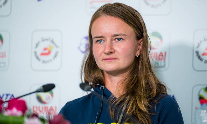 March 11, 2021, DUBAI, UNITED ARAB EMIRATES: Barbora Krejcikova of the Czech Republic talks to the media after the quarter-final at the 2021 Dubai Duty Free Tennis Championships WTA, Tennis Damen 1000 tournament DUBAI UNITED ARAB EMIRATES - ZUMAa181 20210311_zaa_a181_097 Copyright: xRobxPrangex