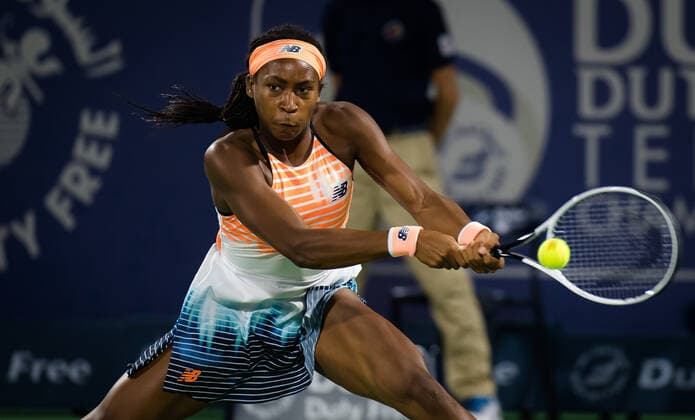 March 11, 2021, DUBAI, UNITED ARAB EMIRATES: Cori Gauff of the United States in action during the quarter-final at the 2021 Dubai Duty Free Tennis Championships WTA, Tennis Damen 1000 tournament against Jil Teichmann of Switzerland DUBAI UNITED ARAB EMIRATES - ZUMAa181 20210311_zaa_a181_108 Copyright: xRobxPrangex
