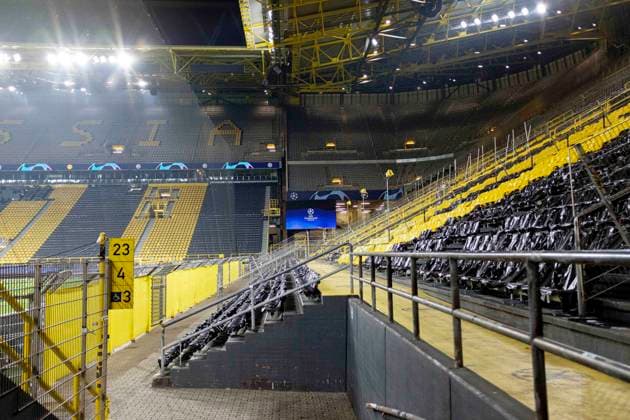 Feature, view into the empty Signal Iduna Park with the South Tribune Football Champions League, Round of 16 second leg, Borussia Dortmund DO FC Sevilla SEV 2 2, on 09 03 2021 in Dortmund Germany Â