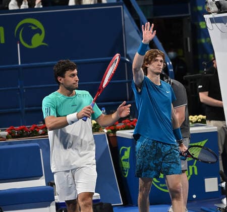 Qatar Exxon Mobil Open 2021 Aslan Karatsev , Russia and Andrey Rublev , Russia