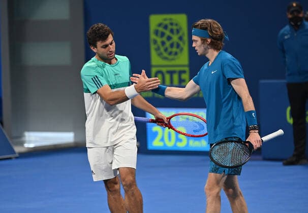 Qatar Exxon Mobil Open 2021 Aslan Karatsev , Russia and Andrey Rublev , Russia