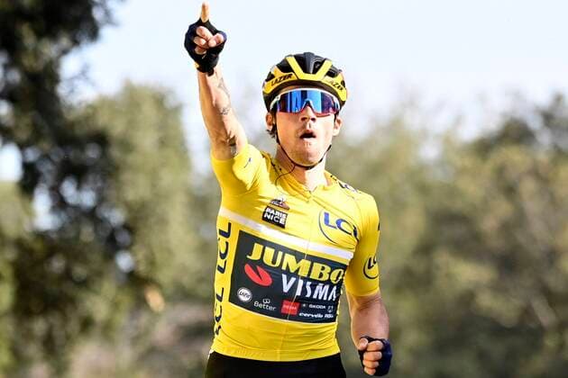 BIOT, FRANCE - MARCH 12 : ROGLIC Primoz (SLO) of Team Jumbo-Visma victory during stage 6 of the 79th edition of the 2021 Paris - Nice cycling race, a stage of 202,5 kms between Brignoles and Biot on March 12, 2021 in Biot, France, 12 03 2021 CYCLISME : Paris Nice - Etape 6 - Brignoles a Biot - 12 03 2021 PhotoNews Panoramic 