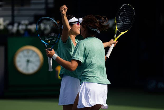 March 12, 2021, DUBAI, UNITED ARAB EMIRATES: Yifan Xu & Zhaoxuan Yang of China playing doubles at the 2021 Dubai Duty Free Tennis Championships WTA, Tennis Damen 1000 tournament DUBAI UNITED ARAB EMIRATES - ZUMAa181 20210312_zaa_a181_009 Copyright: xRobxPrangex