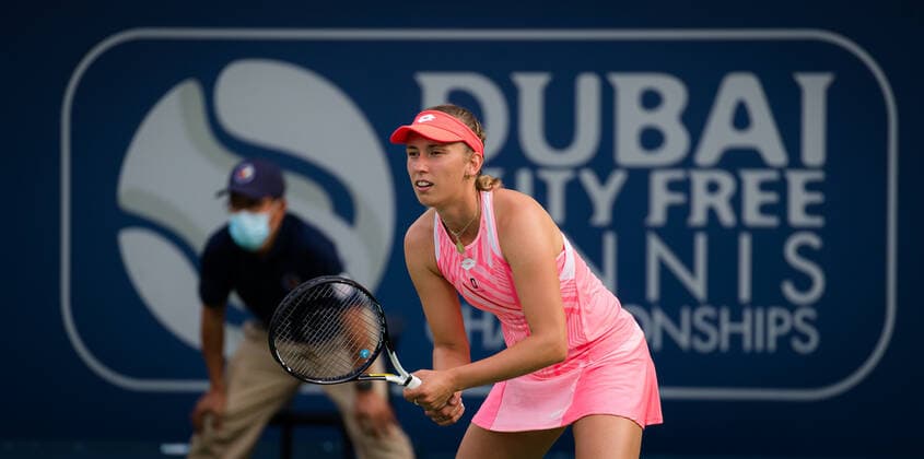 March 12, 2021, DUBAI, UNITED ARAB EMIRATES: Elise Mertens of Belgium in action during the semi-final at the 2021 Dubai Duty Free Tennis Championships WTA, Tennis Damen 1000 tournament against Garbine Muguruza of Spain DUBAI UNITED ARAB EMIRATES - ZUMAa181 20210312_zaa_a181_011 Copyright: xRobxPrangex