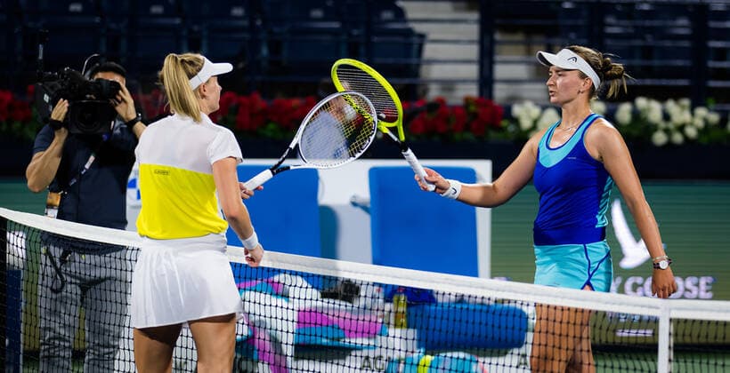 March 12, 2021, DUBAI, UNITED ARAB EMIRATES: Jil Teichmann of Switzerland & Barbora Krejcikova of the Czech Republic at the net after their semi-final at the 2021 Dubai Duty Free Tennis Championships WTA, Tennis Damen 1000 tournament DUBAI UNITED ARAB EMIRATES - ZUMAa181 20210312_zaa_a181_062 Copyright: xRobxPrangex