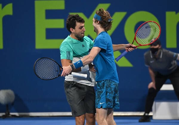 Qatar Exxon Mobil Open 2021 Aslan Karatsev , Russia and Andrey Rublev , Russia