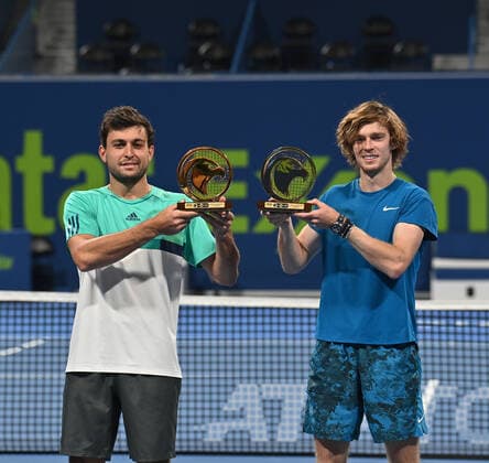 Qatar Exxon Mobil Open 2021 Aslan Karatsev , Russia and Andrey Rublev , Russia