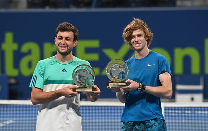 Qatar Exxon Mobil Open 2021 Aslan Karatsev , Russia and Andrey Rublev , Russia