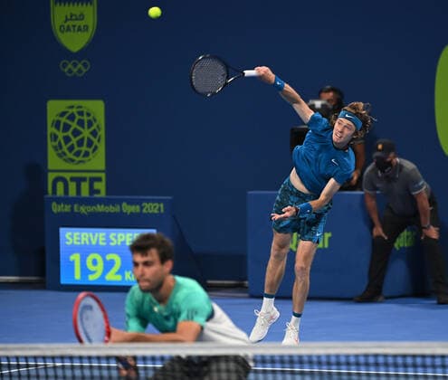 Qatar Exxon Mobil Open 2021 Aslan Karatsev , Russia and Andrey Rublev , Russia
