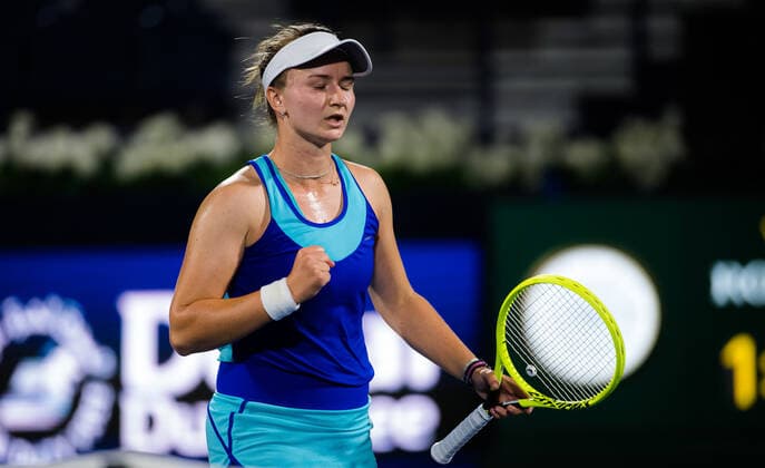 March 12, 2021, DUBAI, UNITED ARAB EMIRATES: Barbora Krejcikova of the Czech Republic in action during the semi-final at the 2021 Dubai Duty Free Tennis Championships WTA, Tennis Damen 1000 tournament against Jil Teichmann of Switzerland DUBAI UNITED ARAB EMIRATES - ZUMAa181 20210312_zaa_a181_181 Copyright: xRobxPrangex