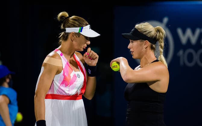 March 12, 2021, DUBAI, UNITED ARAB EMIRATES: Alexa Guarachi of Chile & Darija Jurak of Croatia playing doubles at the 2021 Dubai Duty Free Tennis Championships WTA, Tennis Damen 1000 tournament DUBAI UNITED ARAB EMIRATES - ZUMAa181 20210312_zaa_a181_188 Copyright: xRobxPrangex