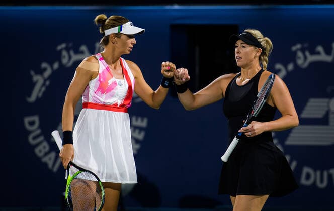 March 12, 2021, DUBAI, UNITED ARAB EMIRATES: Alexa Guarachi of Chile & Darija Jurak of Croatia playing doubles at the 2021 Dubai Duty Free Tennis Championships WTA, Tennis Damen 1000 tournament DUBAI UNITED ARAB EMIRATES - ZUMAa181 20210312_zaa_a181_190 Copyright: xRobxPrangex