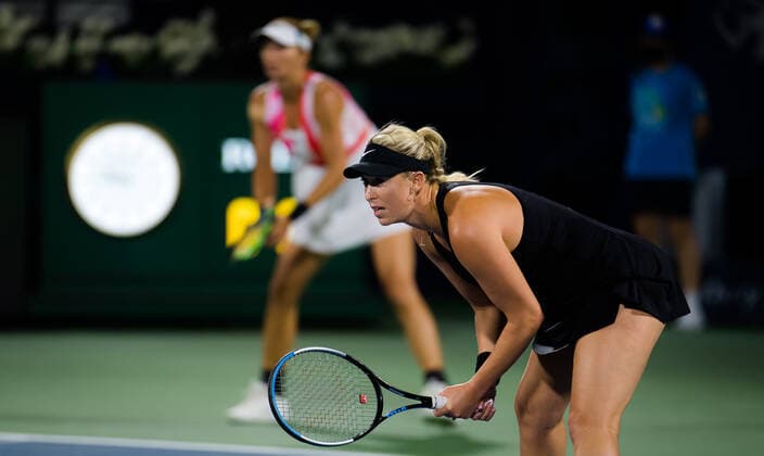 March 12, 2021, DUBAI, UNITED ARAB EMIRATES: Alexa Guarachi of Chile & Darija Jurak of Croatia playing doubles at the 2021 Dubai Duty Free Tennis Championships WTA, Tennis Damen 1000 tournament DUBAI UNITED ARAB EMIRATES - ZUMAa181 20210312_zaa_a181_192 Copyright: xRobxPrangex