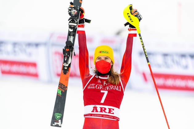 210313 Katharina Liensberger of Austria celebrates after winning the Women s Slalom during the FIS World Cup on March 13, 2021 in Are Photo Daniel Stiller BILDBYRAN code DS DS0118 alpine alpine world cup fis alpine skiing world cup slalom dam bbeng jubel österrike,  Copyright: DANIELxSTILLER BB210313DS072