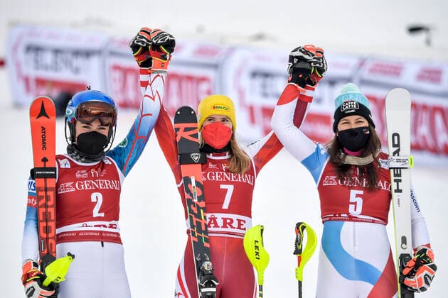 L R Second placed Mikaela Shiffrin of USA, winner Katharina Liensberger of Austria and third placed Wendy Holdener of Switzerland celerate after the second run of the women s slalom race of the FIS Ski Alpine World Cup in Are, Sweden, on March 13, 2021 ARE SWEDEN ALPINE SKIING x10050x,  Copyright: xPontusxLundahl TTx SWEDEN FIS ALPINE SKIING WOMEN S SLALOM