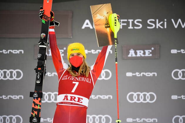 Katharina Liensberger of Austria celebrates on the podium after winning the women s slalom race of the FIS Ski Alpine World Cup in Are, Sweden, on March 13, 2021 ARE SWEDEN ALPINE SKIING x10050x,  Copyright: xPontusxLundahl TTx SWEDEN FIS ALPINE SKIING WOMEN S SLALOM