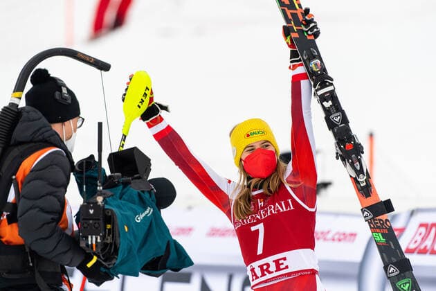 210313 Katharina Liensberger of Austria celebrates ahead of the prize ceremony after winning the Women s Slalom during the FIS World Cup on March 13, 2021 in Are Photo Daniel Stiller BILDBYRAN kod DS DS0118 alpint alpine världscup fis alpine skiing world cup slalom dam bbeng jubel österrike,  Copyright: DANIELxSTILLER BB210313DS076