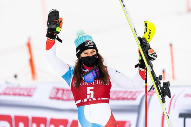 210313 Wendy Holdener of Switzerland celebrates her third place ahead of the prize ceremony after the Women s Slalom during the FIS World Cup on March 13, 2021 in Are Photo Daniel Stiller BILDBYRAN kod DS DS0118 alpint alpine världscup fis alpine skiing world cup slalom dam bbeng jubel österrike,  Copyright: DANIELxSTILLER BB210313DS077