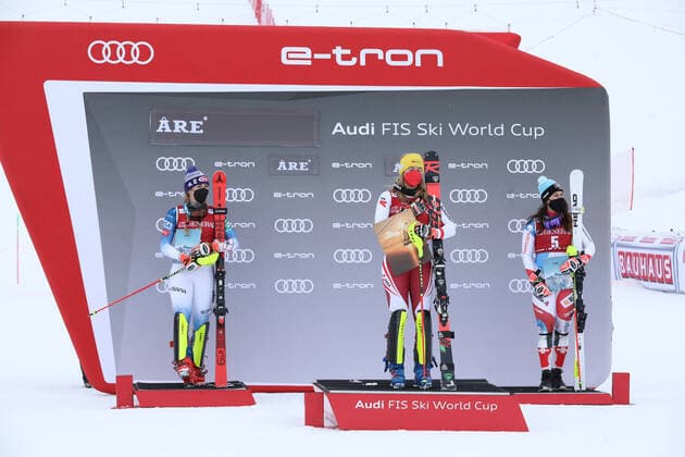 ALPINE SKIING - FIS WC Are ARE,SWEDEN,13.MAR.21- ALPINE SKIING - FIS World Cup, slalom, ladies. Image shows Mikaela Shiffrin (USA), Katharina Liensberger (AUT) and Wendy Holdener. GEPAxpictures xPatrickxSteiner