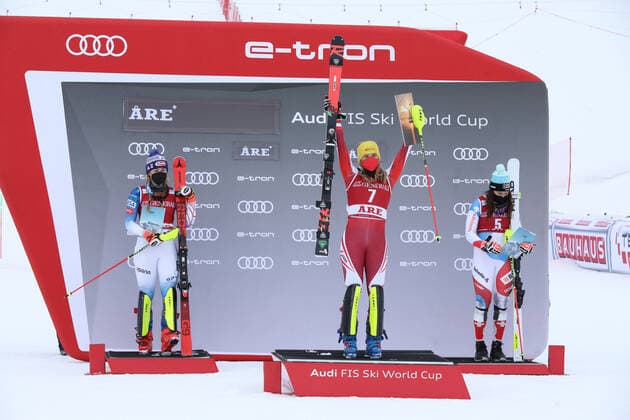 ALPINE SKIING - FIS WC Are ARE,SWEDEN,13.MAR.21- ALPINE SKIING - FIS World Cup, slalom, ladies. Image shows Mikaela Shiffrin (USA), Katharina Liensberger (AUT) and Wendy Holdener. GEPAxpictures xPatrickxSteiner