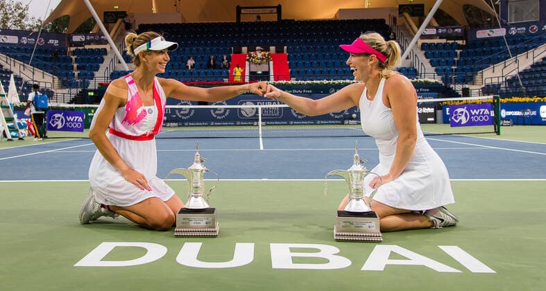 March 13, 2021, DUBAI, UNITED ARAB EMIRATES: Alexa Guarachi of Chile & Darija Jurak of Croatia with their doubles champions trophies after the doubles final at the 2021 Dubai Duty Free Tennis Championships WTA, Tennis Damen 1000 tournament DUBAI UNITED ARAB EMIRATES - ZUMAa181 20210313_zaa_a181_130 Copyright: xRobxPrangex