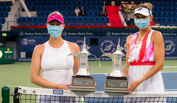 March 13, 2021, DUBAI, UNITED ARAB EMIRATES: Alexa Guarachi of Chile & Darija Jurak of Croatia with their doubles champions trophies after the doubles final at the 2021 Dubai Duty Free Tennis Championships WTA, Tennis Damen 1000 tournament DUBAI UNITED ARAB EMIRATES - ZUMAa181 20210313_zaa_a181_131 Copyright: xRobxPrangex