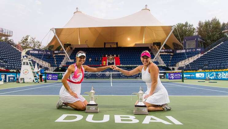 March 13, 2021, DUBAI, UNITED ARAB EMIRATES: Alexa Guarachi of Chile & Darija Jurak of Croatia with their doubles champions trophies after the doubles final at the 2021 Dubai Duty Free Tennis Championships WTA, Tennis Damen 1000 tournament DUBAI UNITED ARAB EMIRATES - ZUMAa181 20210313_zaa_a181_133 Copyright: xRobxPrangex