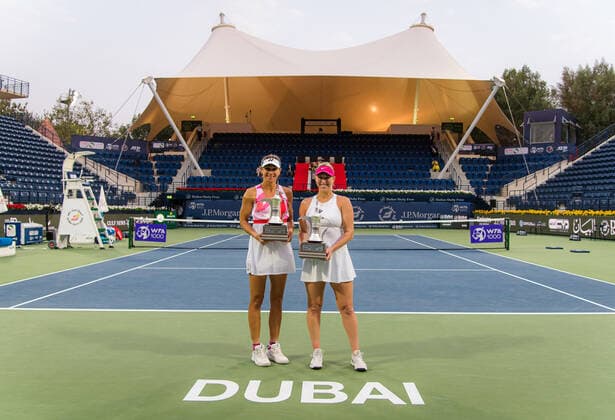 March 13, 2021, DUBAI, UNITED ARAB EMIRATES: Alexa Guarachi of Chile & Darija Jurak of Croatia with their doubles champions trophies after the doubles final at the 2021 Dubai Duty Free Tennis Championships WTA, Tennis Damen 1000 tournament DUBAI UNITED ARAB EMIRATES - ZUMAa181 20210313_zaa_a181_139 Copyright: xRobxPrangex