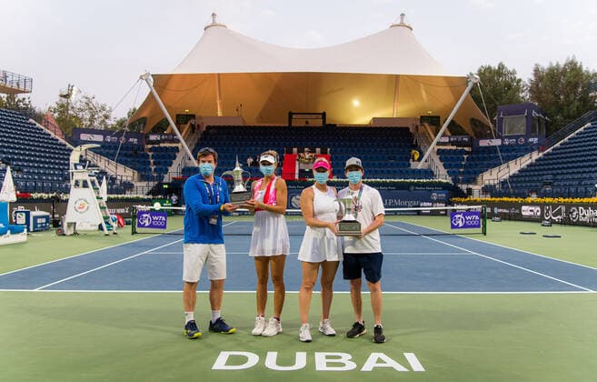 March 13, 2021, DUBAI, UNITED ARAB EMIRATES: Alexa Guarachi of Chile & Darija Jurak of Croatia with their doubles champions trophies after the doubles final at the 2021 Dubai Duty Free Tennis Championships WTA, Tennis Damen 1000 tournament DUBAI UNITED ARAB EMIRATES - ZUMAa181 20210313_zaa_a181_140 Copyright: xRobxPrangex