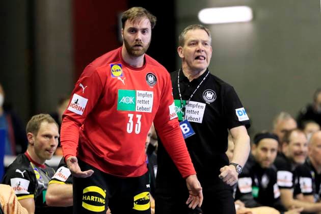 WOLFF Andreas Goalkeeper Team Handball Germany With Coach GISLASON Alfred Handball Olympic Qualification in Berlin Match Germany Slovenia On 13 03 2021 at Max Schmeling Halle in Berlin