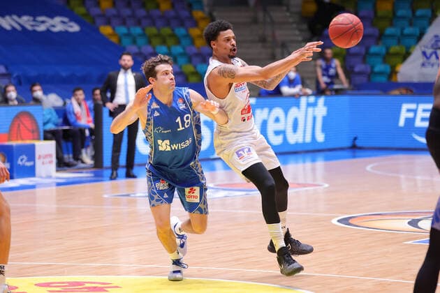 Fraport Skyliners JobStairs Giessen 46ers, easyCredit BBL Diante Maurice Garret Giessen, 11 vs Joe Rahon Fraport Skyliners, 18 Basketball match of the easyCredit BBL between Fraport Skyliners and JobStairs Giessen 46ers on 13 March 2021 at Fraport Arena in Frankfurt am Main , Frankfurt am Main Hesse Germany Fraport Arena
