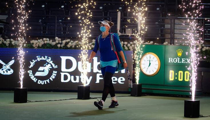 March 13, 2021, DUBAI, UNITED ARAB EMIRATES: Barbora Krejcikova of the Czech Republic in action during the final of the 2021 Dubai Duty Free Tennis Championships WTA, Tennis Damen 1000 tournament against Garbine Muguruza of Spain DUBAI UNITED ARAB EMIRATES - ZUMAa181 20210313_zaa_a181_218 Copyright: xRobxPrangex