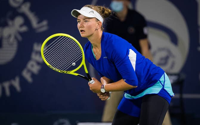 March 13, 2021, DUBAI, UNITED ARAB EMIRATES: Barbora Krejcikova of the Czech Republic in action during the final of the 2021 Dubai Duty Free Tennis Championships WTA, Tennis Damen 1000 tournament against Garbine Muguruza of Spain DUBAI UNITED ARAB EMIRATES - ZUMAa181 20210313_zaa_a181_225 Copyright: xRobxPrangex