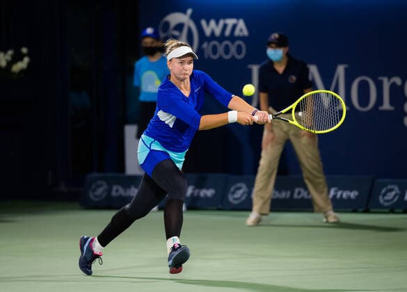 March 13, 2021, DUBAI, UNITED ARAB EMIRATES: Barbora Krejcikova of the Czech Republic in action during the final of the 2021 Dubai Duty Free Tennis Championships WTA, Tennis Damen 1000 tournament against Garbine Muguruza of Spain DUBAI UNITED ARAB EMIRATES - ZUMAa181 20210313_zaa_a181_227 Copyright: xRobxPrangex