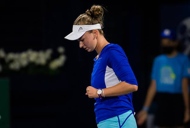 March 13, 2021, DUBAI, UNITED ARAB EMIRATES: Barbora Krejcikova of the Czech Republic in action during the final of the 2021 Dubai Duty Free Tennis Championships WTA, Tennis Damen 1000 tournament against Garbine Muguruza of Spain DUBAI UNITED ARAB EMIRATES - ZUMAa181 20210313_zaa_a181_229 Copyright: xRobxPrangex