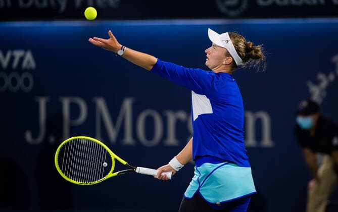 March 13, 2021, DUBAI, UNITED ARAB EMIRATES: Barbora Krejcikova of the Czech Republic in action during the final of the 2021 Dubai Duty Free Tennis Championships WTA, Tennis Damen 1000 tournament against Garbine Muguruza of Spain DUBAI UNITED ARAB EMIRATES - ZUMAa181 20210313_zaa_a181_240 Copyright: xRobxPrangex
