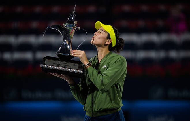 March 13, 2021, DUBAI, UNITED ARAB EMIRATES: Garbine Muguruza of Spain with the champions trophy after the final of the 2021 Dubai Duty Free Tennis Championships WTA, Tennis Damen 1000 tournament DUBAI UNITED ARAB EMIRATES - ZUMAa181 20210313_zaa_a181_245 Copyright: xRobxPrangex