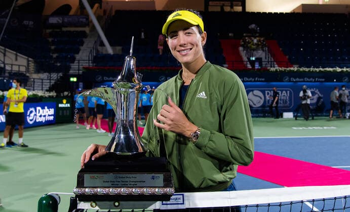 March 13, 2021, DUBAI, UNITED ARAB EMIRATES: Garbine Muguruza of Spain with the champions trophy after the final of the 2021 Dubai Duty Free Tennis Championships WTA, Tennis Damen 1000 tournament DUBAI UNITED ARAB EMIRATES - ZUMAa181 20210313_zaa_a181_257 Copyright: xRobxPrangex