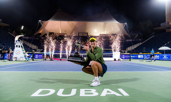 March 13, 2021, DUBAI, UNITED ARAB EMIRATES: Garbine Muguruza of Spain with the champions trophy after the final of the 2021 Dubai Duty Free Tennis Championships WTA, Tennis Damen 1000 tournament DUBAI UNITED ARAB EMIRATES - ZUMAa181 20210313_zaa_a181_261 Copyright: xRobxPrangex