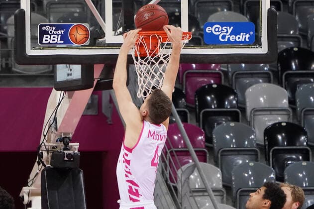 GER, Easycredit BBL, Telekom Baskets Bonn vs Brose Bamberg 13 03 2021, Telekom Dome, Bonn, GER, Easycredit BBL, Telekom Baskets Bonn vs Brose Bamberg, pictured Strahinja Micovic Telekom Bonn 4 , with a basket. nordphotoxGmBHx xMeuter nph00351