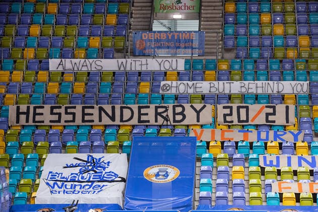 Fraport Skyliners JobStairs Giessen 46ers, easyCredit BBL Banner Hessenderby Basketball match of the easyCredit BBL between the Fraport Skyliners and the JobStairs Giessen 46ers on 13 March 2021 at the Fraport Arena in Frankfurt am Main , Frankfurt am Main Hesse Germany Fraport Arena