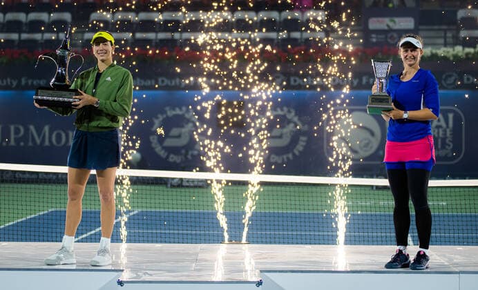 March 13, 2021, DUBAI, UNITED ARAB EMIRATES: Barbora Krejcikova of the Czech Republic & Garbine Muguruza of Spain during the trophy ceremony after the final of the 2021 Dubai Duty Free Tennis Championships WTA, Tennis Damen 1000 tournament DUBAI UNITED ARAB EMIRATES - ZUMAa181 20210313_zaa_a181_353 Copyright: xRobxPrangex