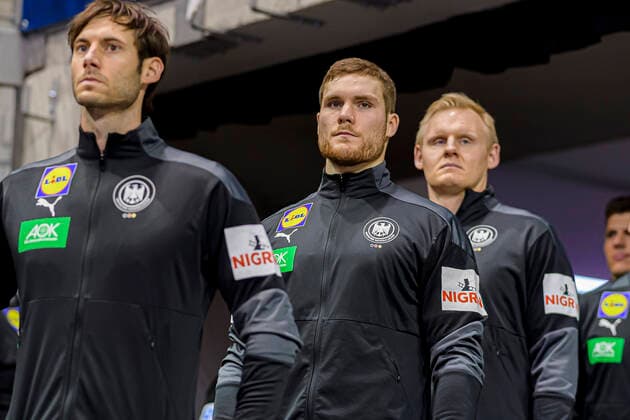 Handball, Men Olympic Qualification, Tournament, Group 3, Germany Slovenia from left Uwe Gensheimer Germany Rhein Neckar Loewen , Johannes Golla Germany SG Flensburg ,Patrick Wiencek Germany THW Kiel Berlin Max Schmeling Halle Berlin Germany