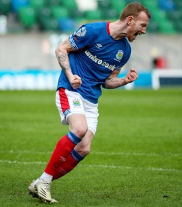 Danske Bank Premiership, Windsor Park, Belfast, Northern Ireland 13 3 2021 Linfield vs Carrick Rangers Linfield s Michael Newberry celebrates after scoring a goal Michael Newberry celebrates after scoring a goal 13 3 2021  Copyright: x INPHO Presseye BrianxLittlex DBP Linfield v Carrick Rangers 016